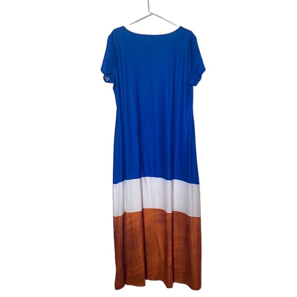 Maxi Lounge Dress Lg Boho Resort Chic Color Block Minimalist V-neck Short Sleeve - Picture 2 of 11